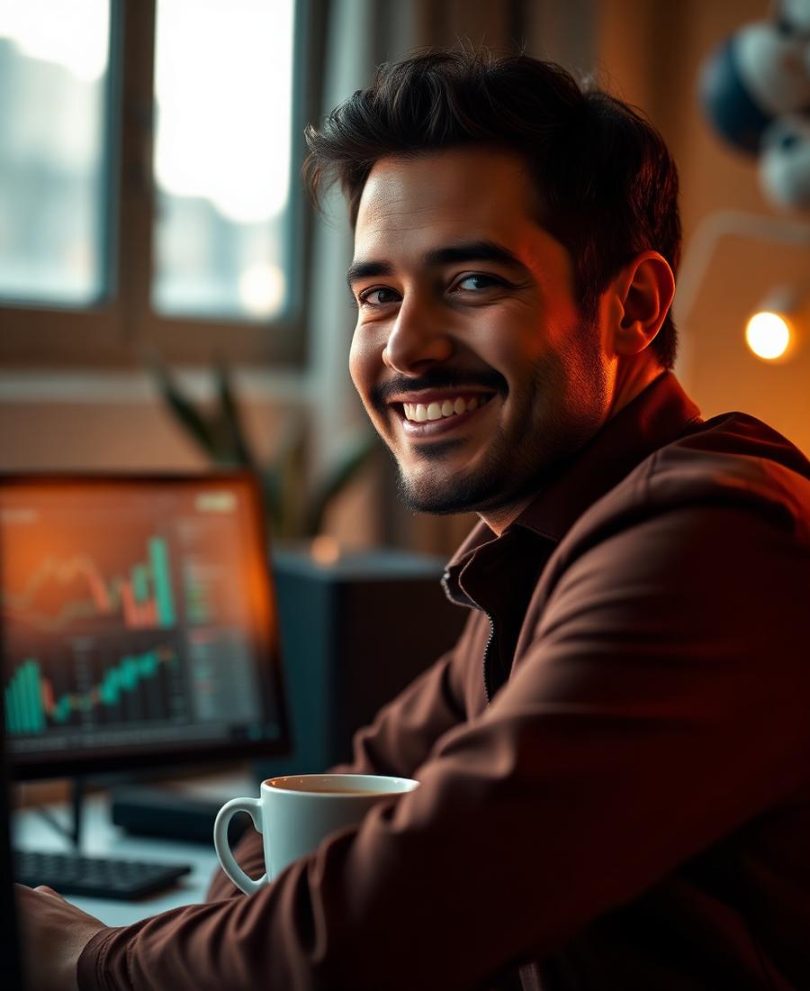 Smiling treasury professional with morning coffee.