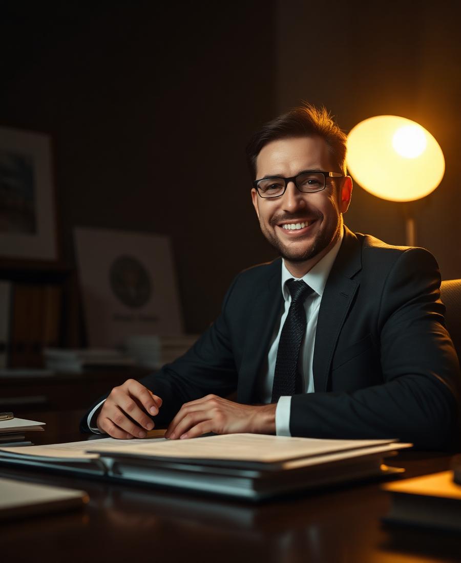Smiling lawyer at a desk with legal documents.