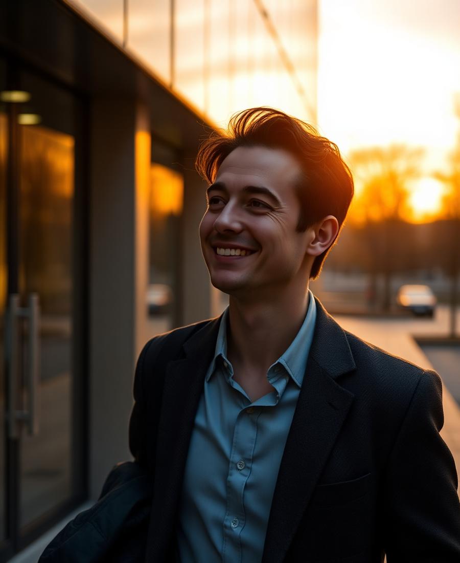 Person leaving the office at golden hour with a quiet smile.